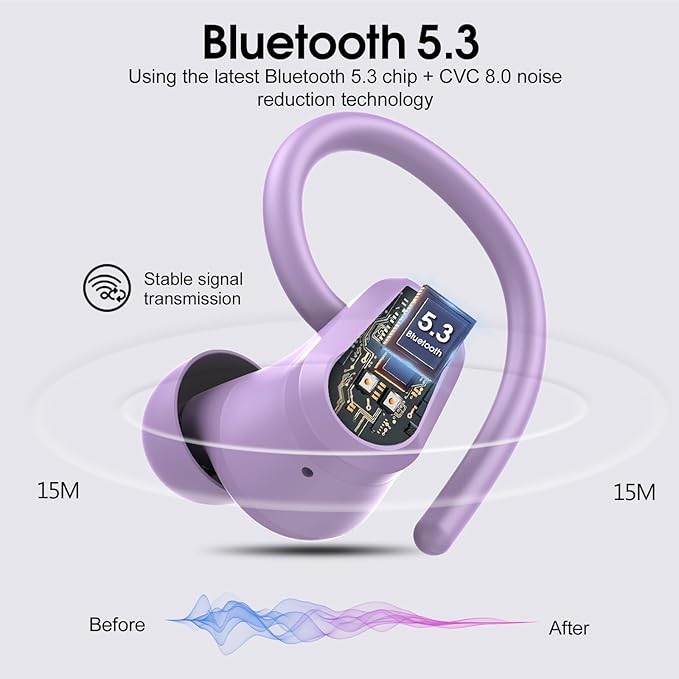 Wireless Earbuds, 2023 Bluetooth Headphones 5.3 Sport, 50H Ear buds with Earhooks, Dual LED Display Bluetooth Earbuds, Deep Bass Stereo Noise Cancelling Headphones, IP7 Waterproof Earphones, Purple
