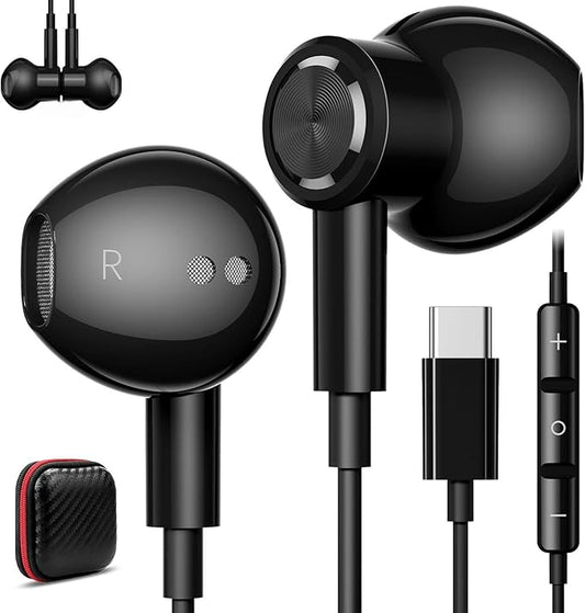 USB C Headphones for iPhone 17 Air 16e 16 Pro Max 15 Plus, Type C Headphone Wired Earbuds with Mic HiFi Magnetic Sport Earphone for iPad Pro Air Samsung Flip Fold 6 Galaxy S25 S24 S23 OnePlus 13 12 9