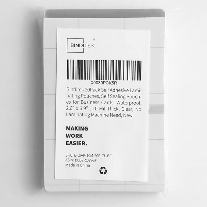 Binditek 20 Pack 10 Mil Self-Sealing Laminating Pouches, 2.6 x 3.9 Inches for Business Cards, Glossy Finish, No Machine Needed, Self-Adhesive Laminating Pouches, Office Supplies