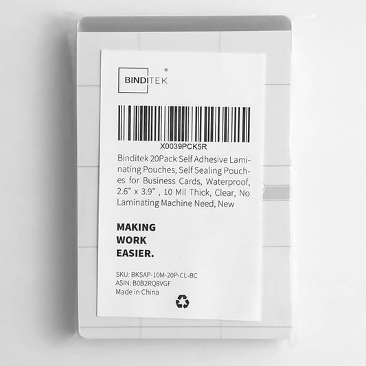 Binditek 20 Pack 10 Mil Self-Sealing Laminating Pouches, 2.6 x 3.9 Inches for Business Cards, Glossy Finish, No Machine Needed, Self-Adhesive Laminating Pouches, Office Supplies