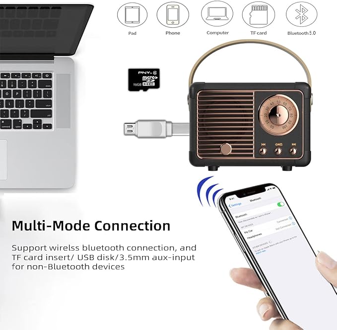 Retro Bluetooth Speaker, Portable Wireless Speaker with Crystal Clear Stereo Sound and Rich Bass,Retro Decor for Desk Bedroom Kitchen, Birthday Gifts for Women Men Teens (Black)