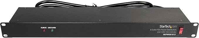 StarTech.com 12U Open Frame Server Rack,Black & 8 Outlet Horizontal 1U Rack Mount PDU Power Strip for Network Server Racks - Surge Protection - 120V/15A - with 6 Ft Power Cord (RKPW081915), Black