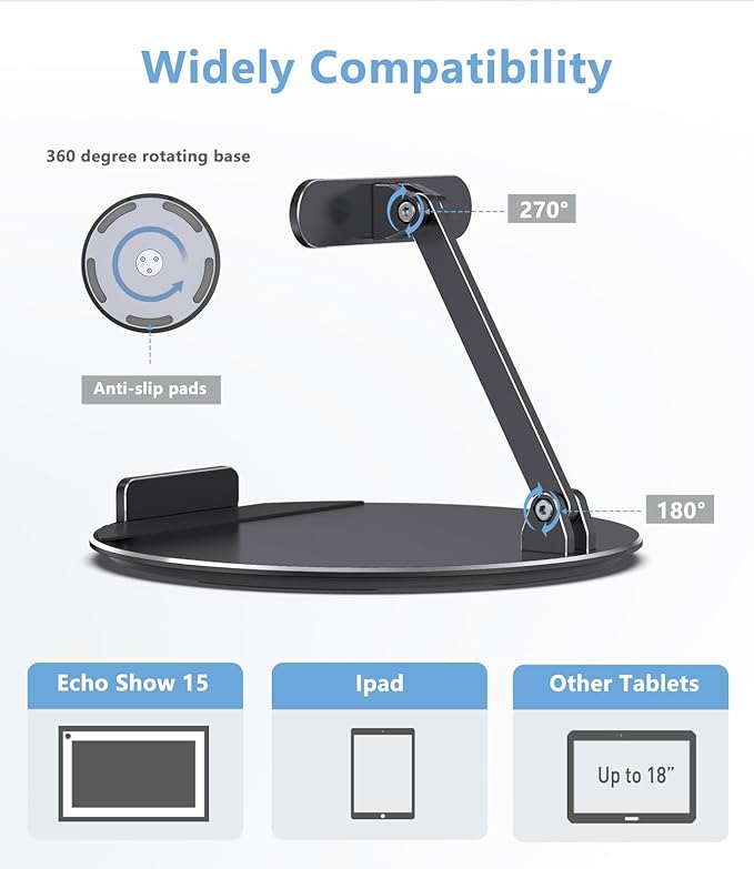 Almoz Swivel and Tilt Stand for Echo Show 15, Aluminum Stand for Show 15.6" Smart Display and Up to 18" iPad/Tablets, with 360 Degree Rotating Base, Viewing Angle Adjustable, No Need Mounting (Black)