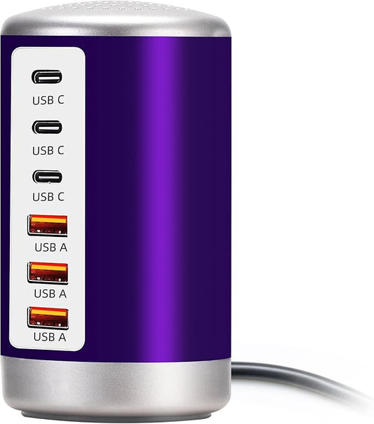 60W USB Charging Station with 6-Port (3 USB-A & 3 USB-C) for iPhone 12/13/14, Tablets & Smartphones - Purple