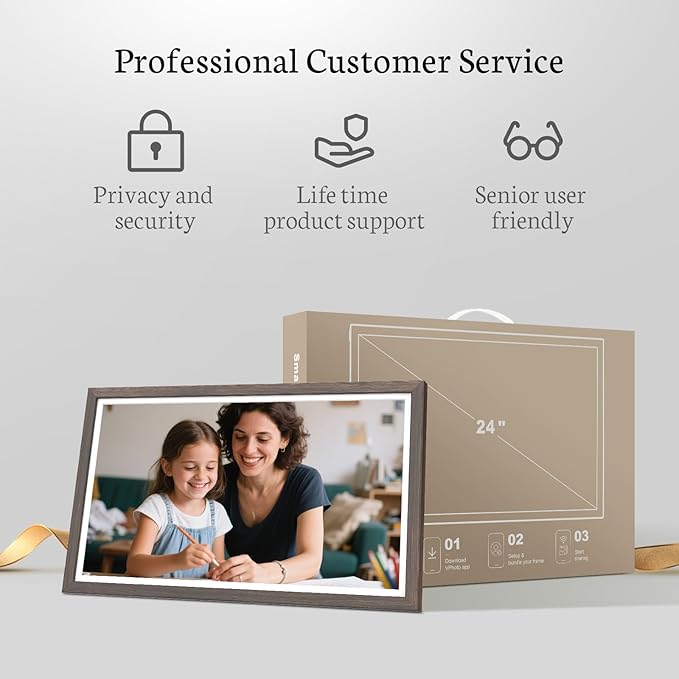 BSIMB Large Digital Picture Frame 24 Inch, 1920x1080 FHD WiFi Digital Photo Frame Electronic 32GB, Wall Mount Included, Share Pictures/Videos via App Easy Setup Gifts for Mom(Non-Touch), Dark Wood