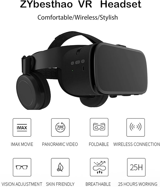 VR Headset for iPhone & Android Phones with Wireless Headphones, Virtual Reality Goggles Set for 4.5"-6.5" Phones，3D VR Glasses for IMAX Movies &VR Games