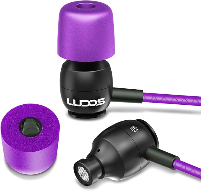 LUDOS Clamor Wired Earbuds in-Ear Headphones, 5 Years Warranty, Earphones with Microphone, Noise Isolating Ear Buds, Memory Foam for iPhone, Samsung, School Students, Kids, Women, Small Ears - Purple