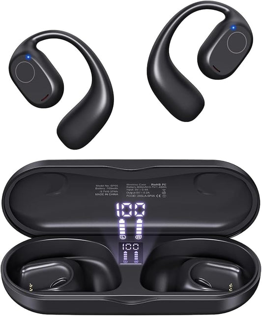 Open Ear Headphones, True Wireless Earbuds 40H Playtime Bone Conduction Headphones with Mic, Bluetooth 5.3 Over Ear Earbuds with Hooks & LED Display Charging Case, IPX6 for Sports (Black)