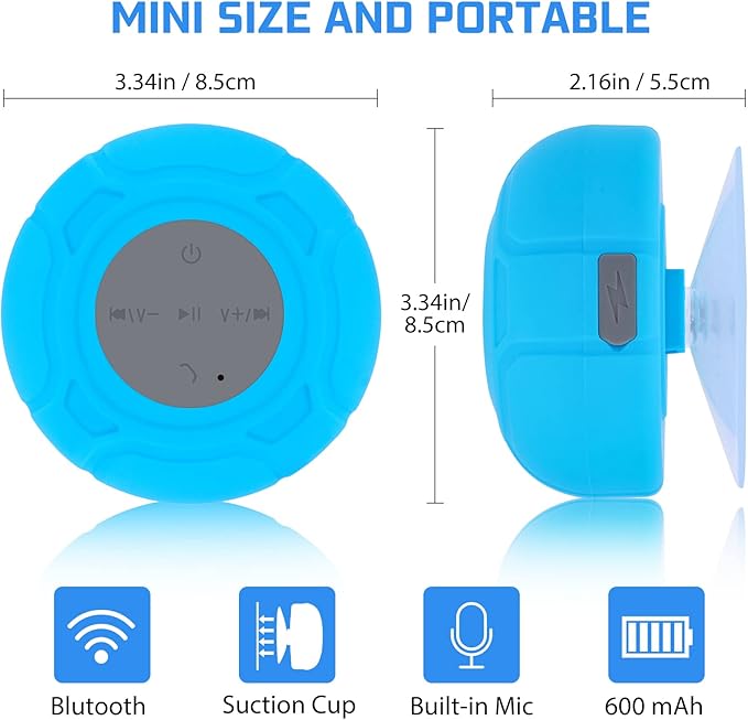Waterproof Bluetooth Shower Speaker Portable Wireless Water-Resistant Speaker Suction Cup,Built-in Mic Gifts for Kids Speakerphone for iPhone Phone Tablet Bathroom Kitchen - Blue