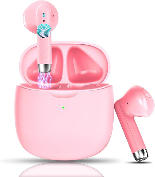 Wireless Earbuds, Bluetooth 5.4 Earbuds Stereo Bass, Bluetooth Headphones in Ear Noise Cancelling Mic, Wireless Earphones IP7 Waterproof Sports, 32H Playtime Mini USB C Charging Ear Buds Light Pink