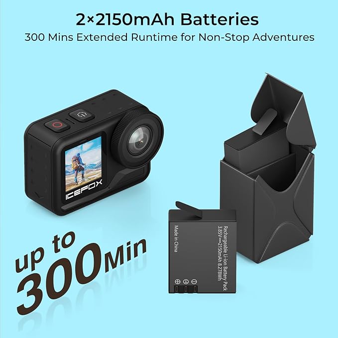 icefox i7 Action Camera 4K 60FPS 30MP with 2X 2150mAh Batteries, Underwater Camera with 5X Zoom, EIS, Powered by Snappro App,Support Video&Photo Editing,Waterproof, WiFi Remote Control