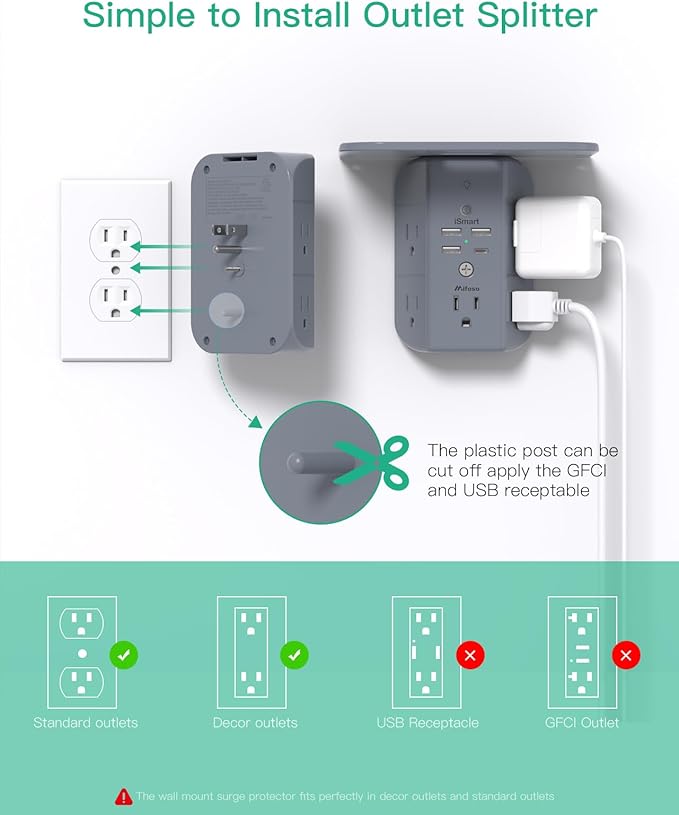 Wall Outlet Extender with Shelf and Night Light,Surge Protector,USB Wall Charger with 5 AC Outlets and 3 USB A Ports 1 USB C Outlet Wide Space 3-Sided Power Strip Multi Plug Outlets, Gray