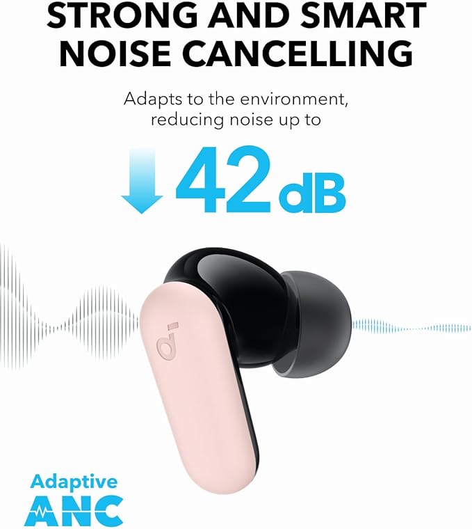 Soundcore P30i by Anker Noise Cancelling Earbuds, Strong and Smart Noise Cancelling, Powerful Bass, 45H Playtime, 2-in-1 Case and Phone Stand, IP54, Wireless Earbuds, Bluetooth 5.4 (Pink)