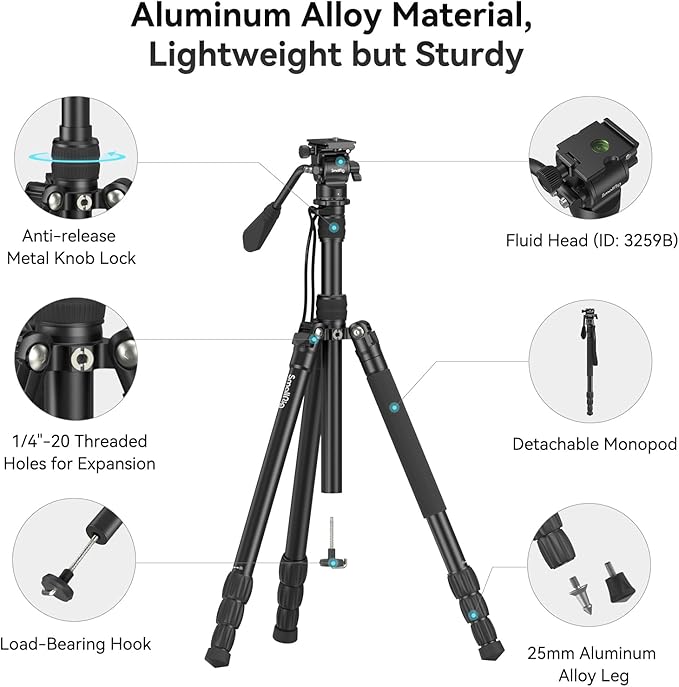 SmallRig CT180 Video Tripod, 72" Camera Tripod Monopod with Fluid Head, Aluminum Camera Tripod, 360° Panorama Fluid Head for Travel, Video, Live Streaming, Vlogging- 3760B