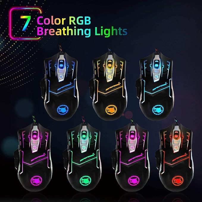 RGB Light up Wired Gaming Mouse for Computer - Durable USB Led Laptop Mice w/ 7 Color Backlit, 4 Adjust DPI Up to 3200 for Gaming, Silent & Stable PC Corded Mouse for Mac MacBook Windows Linux PS4