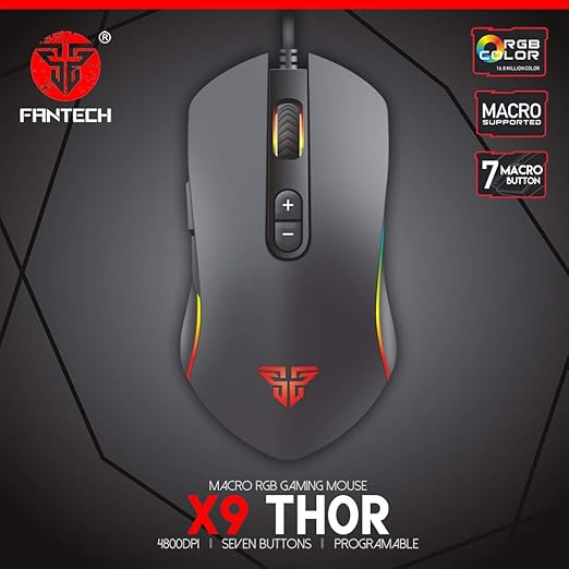 FANTECH Basic Wired Gaming Mouse X9, RGB 7 Macro Buttons Programmable True 4800 DPI Claw Grip Comfort Beginner Gaming Mouse for Window PC, Black
