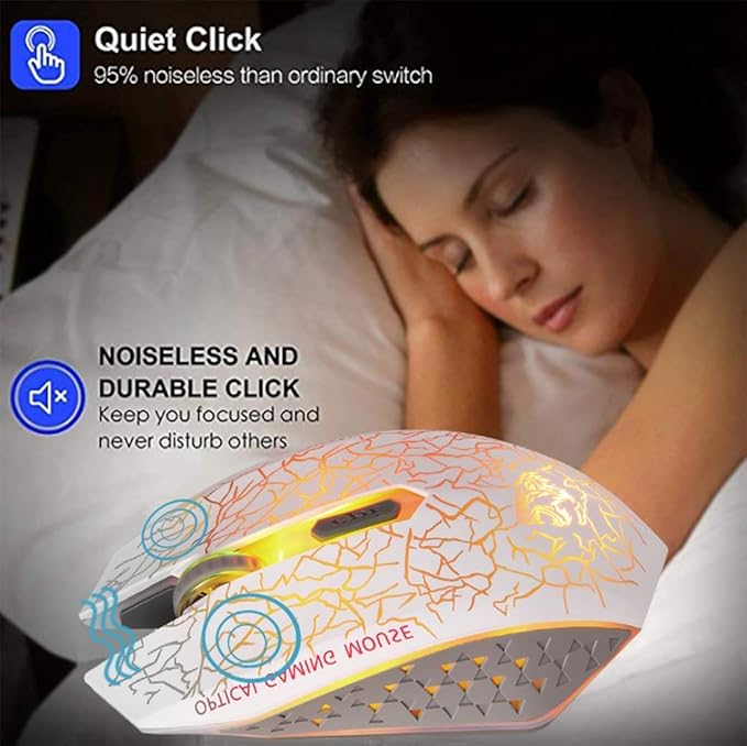 VEGCOO C10 Wireless Gaming Mouse, Rechargeable Gaming Mouse, Silent Optical Mice with 2.4G USB Receiver, 3 Ajustable DPI, 7 Colorful LED Lights for Gamer (White)