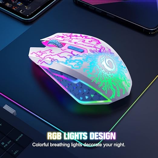VersionTECH. Wireless Gaming Mouse, Rechargeable Computer Mouse Mice with Colorful LED Lights, Silent Click, 2.4G USB Nano Receiver, 3 Level DPI for PC Gamer Laptop Desktop Chromebook Mac-White