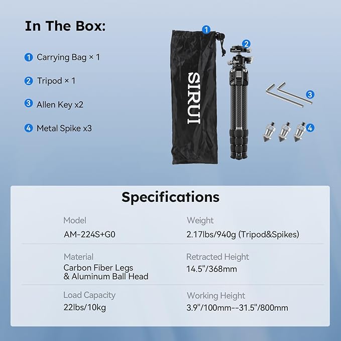 SIRUI 31.5" Compact Carbon Fiber Small Desktop Tripod with Low Profile Ball Head, Portable Lightweight Backpack Camera Tripod with Spikes for Travel Vlogging Tabletop, Macro Photography, AM-224S+G0
