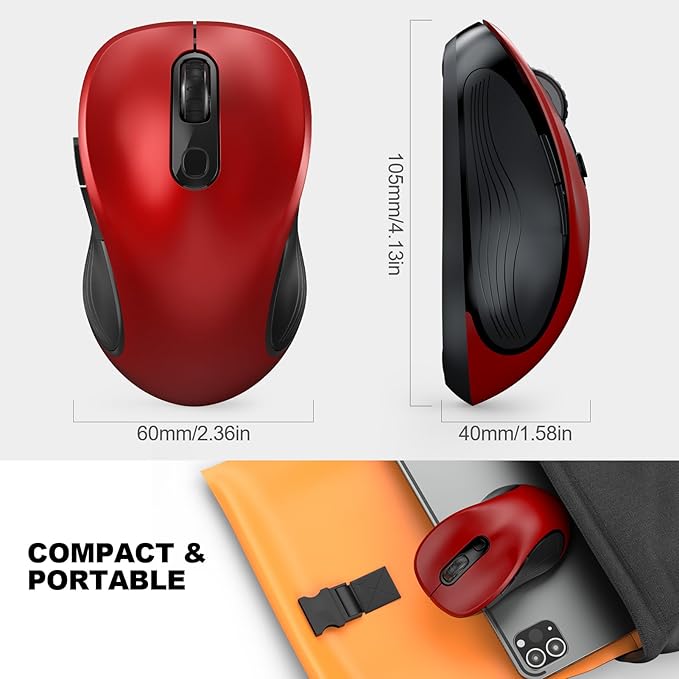 WisFox 2.4G Wireless Mouse for Laptop, Ergonomic Computer Mouse with USB Receiver and Type-C Adapter, 6 Button Cordless Mouse Wireless Mice for Windows Mac PC Notebook (Red)