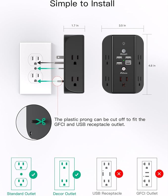 Wall Outlet Extender with Shelf and Night Light,Surge Protector,USB Wall Charger with 5 USB Outlets and 3 USB Ports 1 USB C Outlet