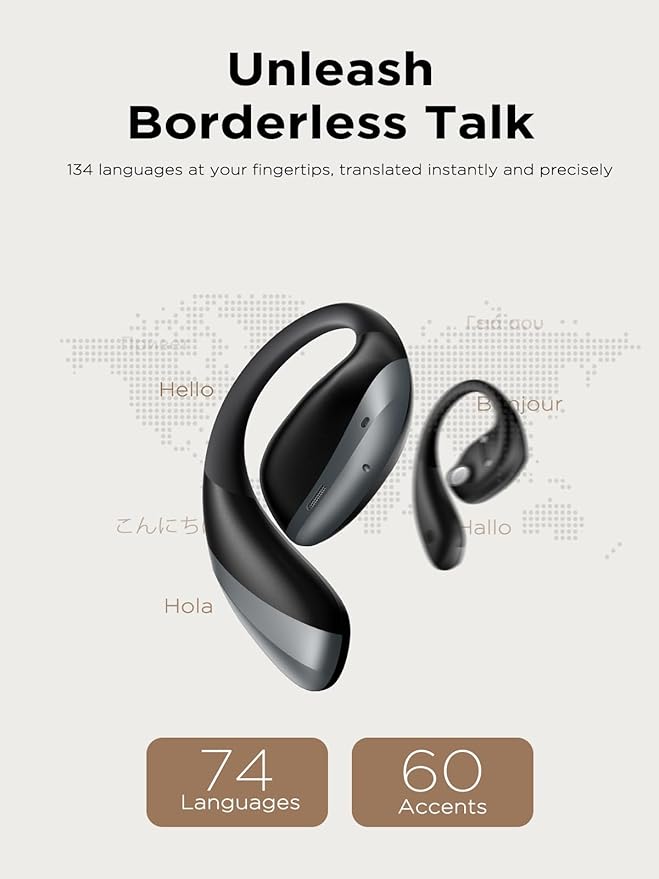 PSIER True Translation Earbuds Real Time Bluetooth 5.4 Open Ear Headphones, 134 Language Translator Earbuds with Mic Clear Call, Audifonos Traductores Inglés Español for Travel Meeting Learning, Black