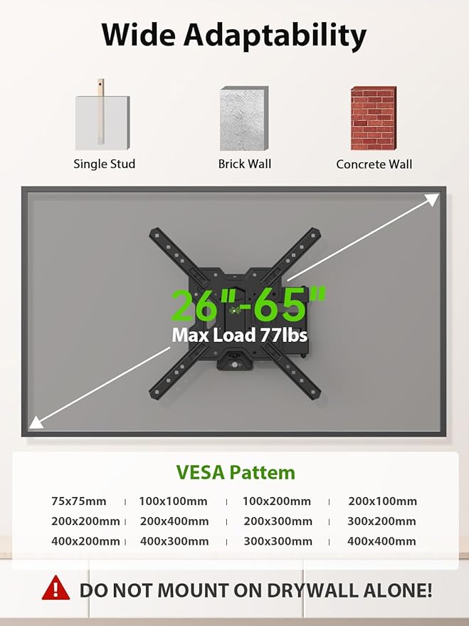 USX MOUNT UL Listed Full Motion TV Mount, Swivel Articulating Tilt TV Wall Mount for 26-65 Inch LED, 4K, Wall Mount Bracket with VESA 400x400mm Up to 77lbs, Perfect Center Design -XMM006-1