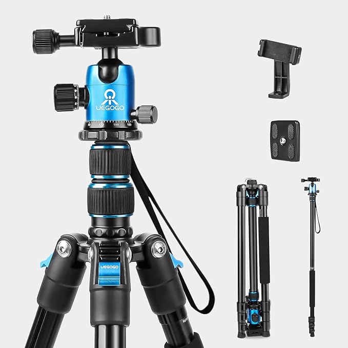 77 inch Camera Tripod Monopod for DSLR, Phone with 360° Panoramic Ball Head Detachable,2 QR Plate, Compact Foldable Aluminum Lightweight Travel Tripod, Bag Included for Camera, Phone(Blue)