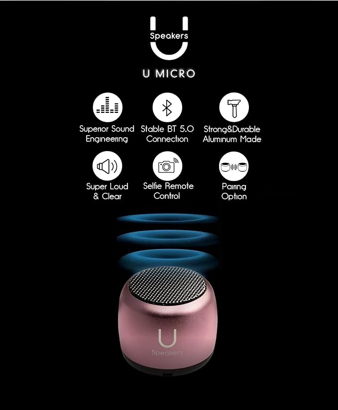Fashionit U Micro Bluetooth Speaker | Coin-Sized Speakers Bluetooth Wireless with Built-in Mic & Remote Shutter | Portable Rich Sound for Travel, Shower, Beach | Pink