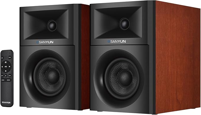 Sanyun SW205 4" Bookshelf Speakers | Immersive HiFi Audio with Virtual Surround | Flagship DAC/DSP Engine | Geometric Diffusion Cabinet | 80W, Bluetooth 5.4/Optical/AUX Inputs, Wireless Remote, Red