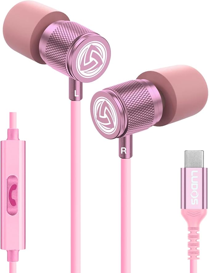LUDOS Ultra USB C Headphones for iPhone 17 16 15 Pro Max Plus Air iPad Pro, 5 Years Warranty, Magnetic USB-C Earbuds for Samsung Galaxy S24 S23 Ultra S22 S21 FE S20 A55, USB Type C Earphones - Pink