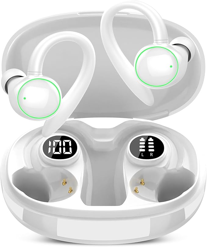 Wireless Earbuds, Bluetooth 5.3 Headphones Sport, Over Ear Buds With ENC Noise Cancelling Mic, 48H, Wireless Earphone With Earhooks, Stereo Deep Bass, IP7 Waterproof Headset for Workout Running, White