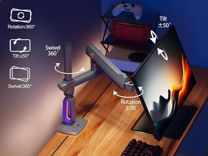 NB Extra Height Gaming Monitor Arm for 32 to 60 Inches Screen, Load up to 20 kg, VESA 75/100, RGB-Light, Heavy Duty, Multi Angle Adjustable, Premium Aluminum, Long Arm Extension Purple Blue