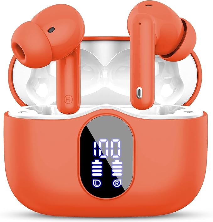 Wireless Earbuds, Bluetooth 5.4 Headphones Bass Stereo, Ear Buds with Noise Cancelling Mic LED Display, IP7 Waterproof in Ear Earphones, 36H Playtime for Laptop Pad Phones Sports Workout, Orange(2025)