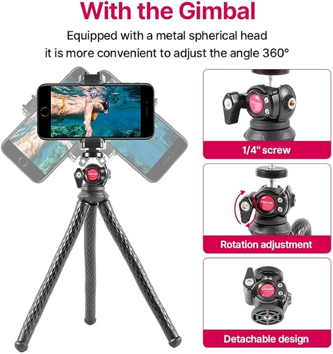 ULANZI FT-01 Phone Tripod with Holder, Mini Camera Flexible Tripod Stand with Cold Shoe Mount, 1/4'' Screw for Magic Arm, Universal for iPhone 17 16 15 Pro Max XS Max Samsung Canon Nikon Sony Cameras