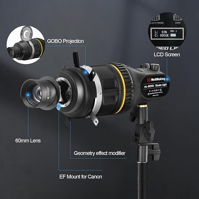 WELLMAKING Optical Snoot Conical Spotlight Attachment Kit, Adjustable Focus,with 80W Bi-Color COB LED Continuou Output Lighting, 9×Gobos, GOBO Holder and Geometry Effect Modifier for Studio and Video