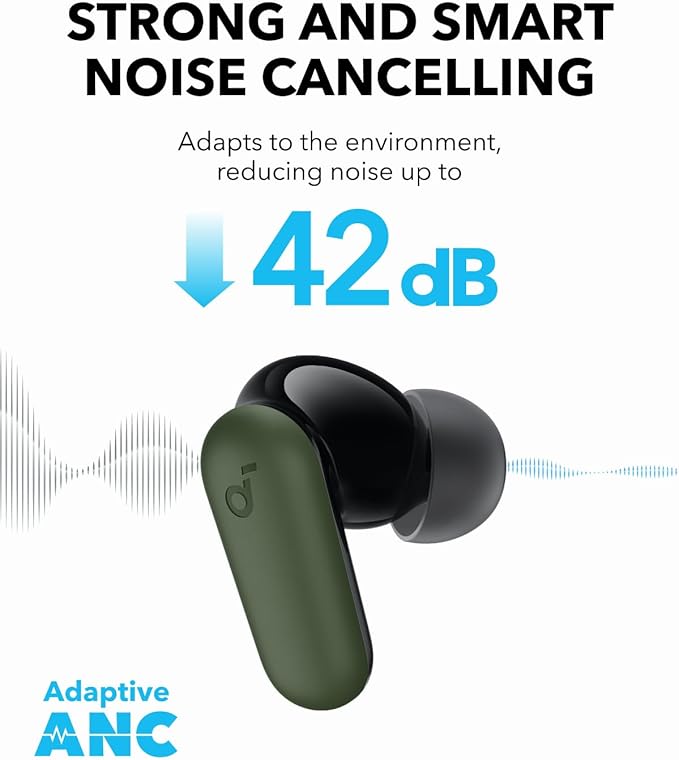 Soundcore P30i by Anker Noise Cancelling Earbuds, Strong and Smart Noise Cancelling, Powerful Bass, 45H Playtime, 2-in-1 Case and Phone Stand, IP54, Wireless Earbuds, Bluetooth 5.4 (Green)