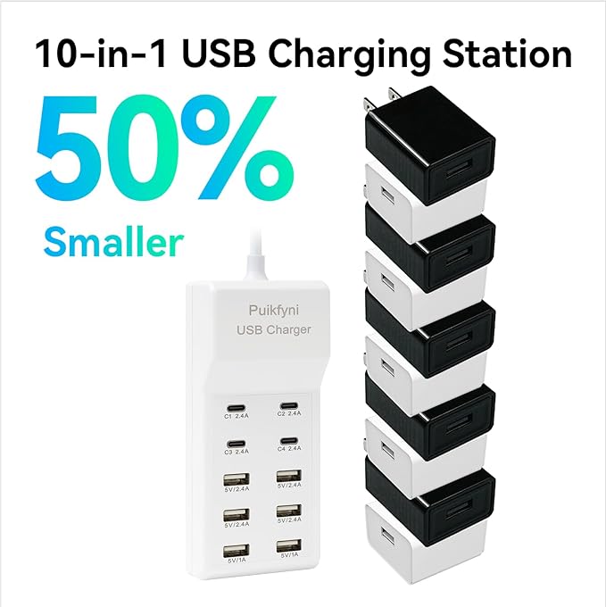 Portable USB C Charging Station,USB-C 4-Ports, USB Charging hub 10-Ports/USB c Charger Block for Multiple Devices Phones Tablet Smartwatch Headphones Speakers (USB-4C+6A)