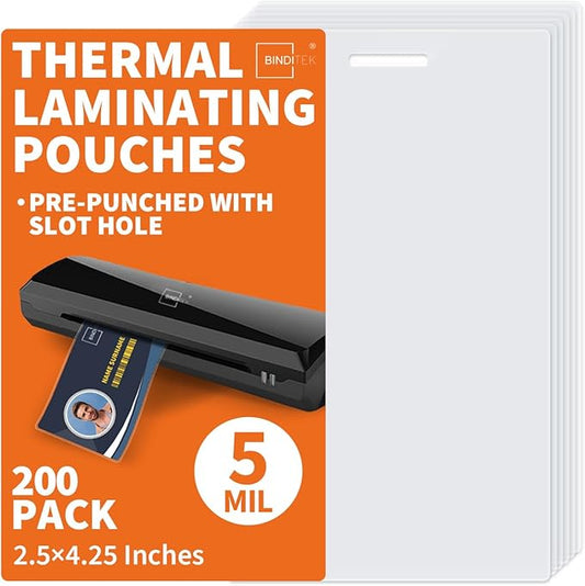 Binditek 200 Pack 5mil Thermal Laminating Pouches, 2.5 x 4.25 Inches Laminating Sheets with Hole, ID Badge Without Clip, Ultra Clear, HeatSeal, Glossy, for Students and Coworkers