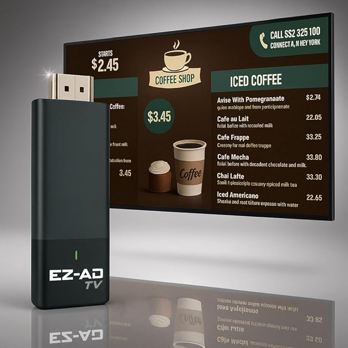 TV Stick Digital Signage Player 4K, Cloud-Controlled Media Player with PowerPoint Upload, Auto Content Updates, Free Plan, AI Image Enhancer, Mobile App, Thousands of Templates