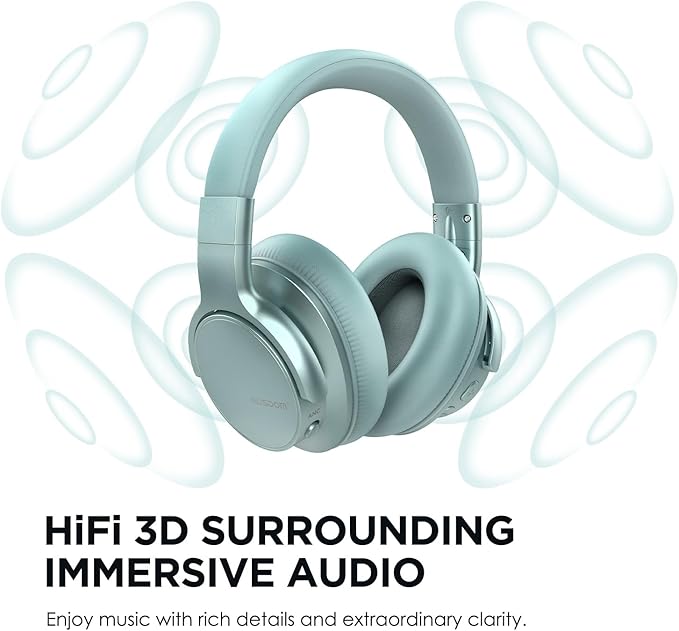 AUSDOM Wireless Headphones Noise Cancelling: Bluetooth Over Ear ANC Headphones with 50H Playtime, Microphone, Deep Bass, Hi-Fi Sound, Comfortable Ear Cushions for Travel Work, Mint Green