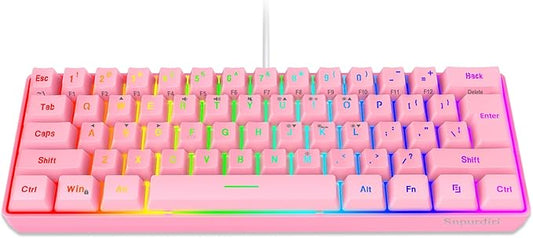 Snpurdiri 60% Wired Gaming Keyboard, 61 Keys RGB Backlit Ultra-Compact Mini Gaming Keyboard for PC/Mac Gamer, Typist, Travel, Easy to Carry on Business Trip(Pink)