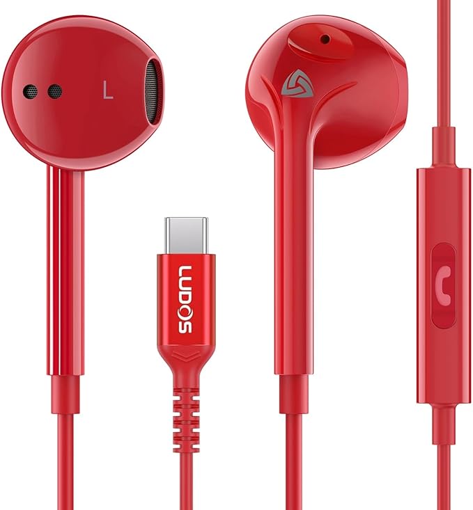 LUDOS Zenith USB C Headphones for iPhone 17 16 15 Pro Max Plus Air iPad Pro Air, 2 Years Warranty, USB-C Earbuds for Samsung Galaxy S24 S23 Ultra S22 S21 S20 A55 A54 A53, USB Type C Earphones - Red