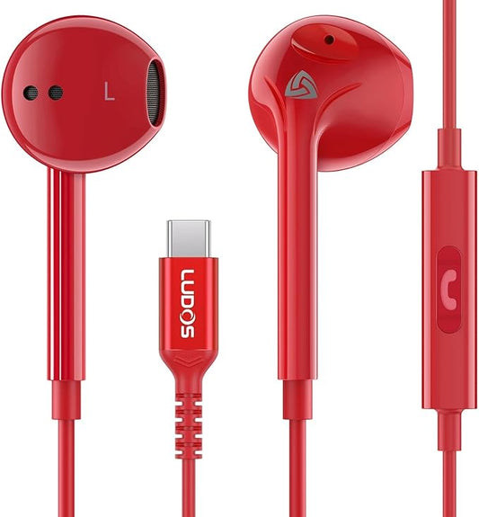 LUDOS Zenith USB C Headphones for iPhone 17 16 15 Pro Max Plus Air iPad Pro Air, 2 Years Warranty, USB-C Earbuds for Samsung Galaxy S24 S23 Ultra S22 S21 S20 A55 A54 A53, USB Type C Earphones - Red