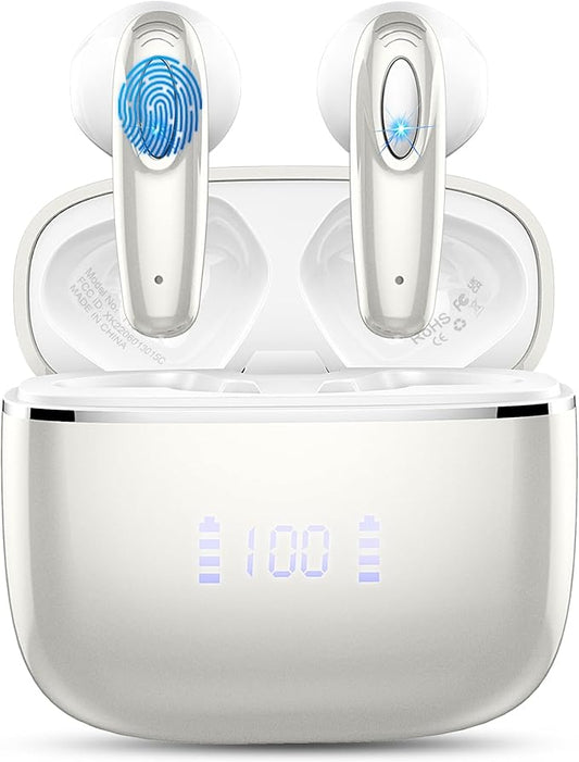 Wireless Earbud, Bluetooth Headphones 5.3 Built in 4 ENC Mic, Stereo Bass Wireless Earphones, 40H Bluetooth Earbud in-Ear Dual LED Display, USB-C, IP7 Waterproof Sport Ear Buds for Android iOS, Sliver