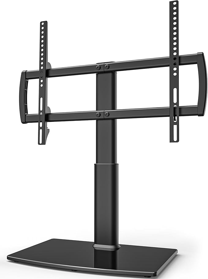 Universal Tabletop TV Stand with Wall Mount for 32 to 70 inch 4 Level Height Adjustable, Heavy Duty Tempered Glass Base, Holds up to 110lbs Screens, HT03B-002
