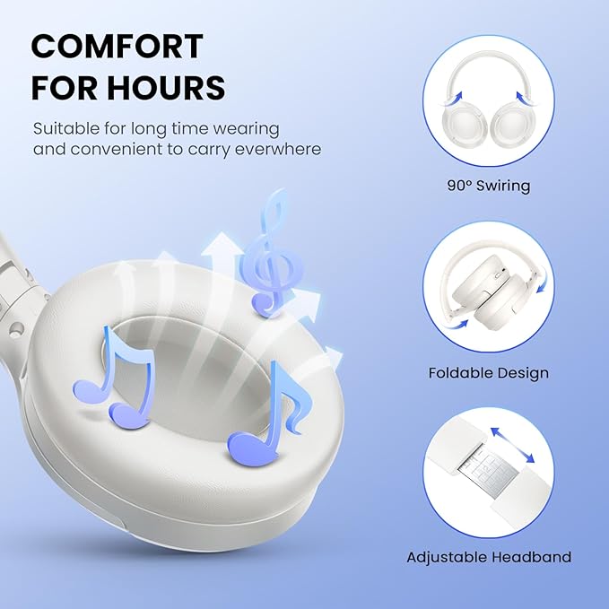 Active Noise Cancelling Headphones with Transparency Mode, 80H Playtime Wireless Over Ear Bluetooth Headphones with ENC Microphone, Deep Bass, Memory Foam Ear Cups, for Travel, Home Office, White