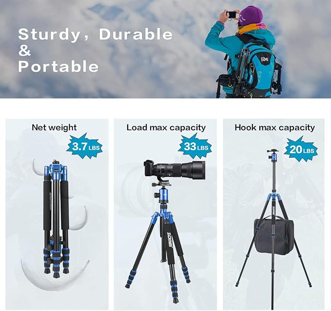 ZOMEI Z818 Tall Camera Tripod 65'' Aluminium Alloy Monopod with 360 Panorama Ball Head Quick Release Plate(Blue)