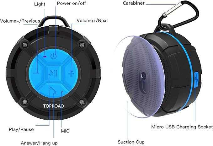 Portable Shower Speaker, IPX7 Waterproof Wireless Outdoor Speaker with HD Sound, 2 Suction Cups, Built-in Mic, Hands-Free Speakerphone for Bathroom, Pool, Beach, Hiking, Bicycle