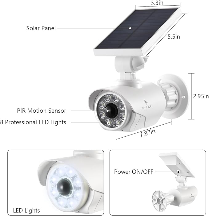 Solar Battery Powered Dummy Fake Security Cameras for Outside with PIR Thermal Sensor Warning Light, Motion Activated Floodlights, IP66 Waterproof 2 Pack